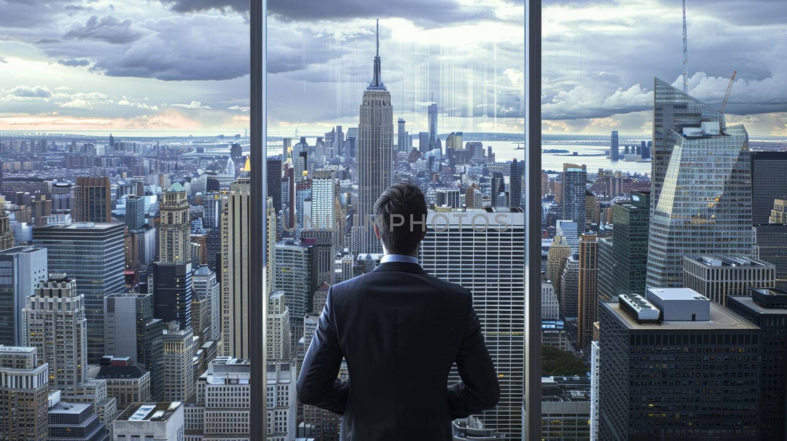 Rear view of a business man in a suit looking out a window at the city with skyscrapers in the background.