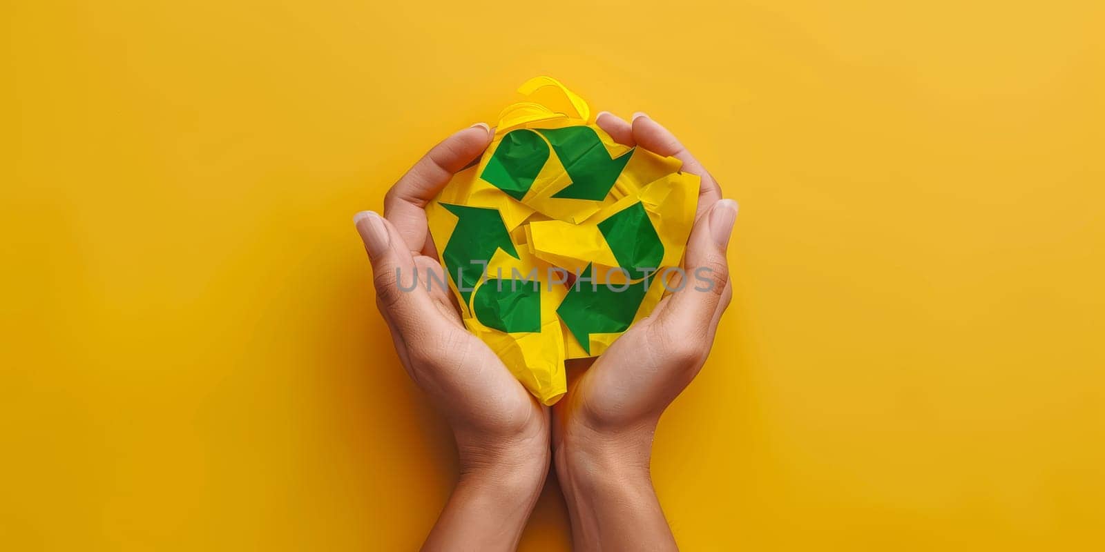 Woman hands holding sing of eco-friendly recycling, composting and using a renewable energy