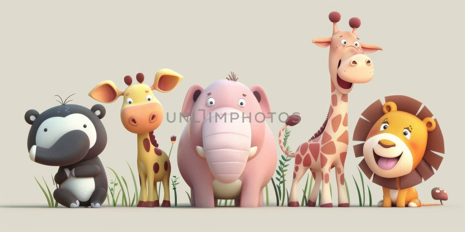 Cartoon safari animals isolated on bright pastel background by Kadula