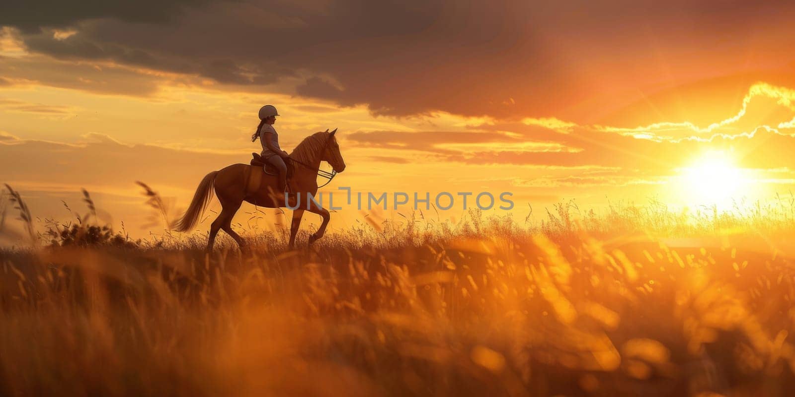 Young girl rides horse during sunset with a copy space