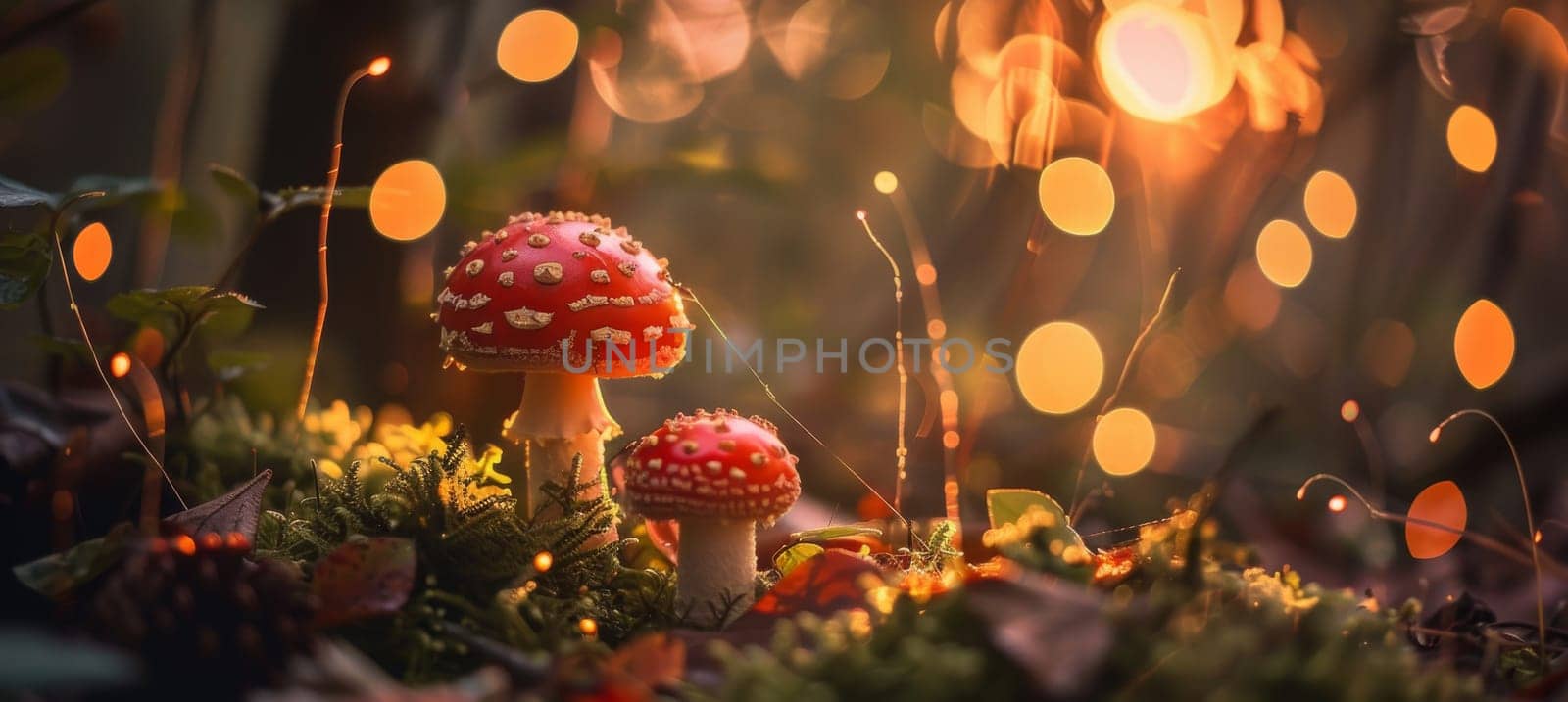 Detail to amanita muscaria, poisonous mushroom in the forest during sunset by Kadula