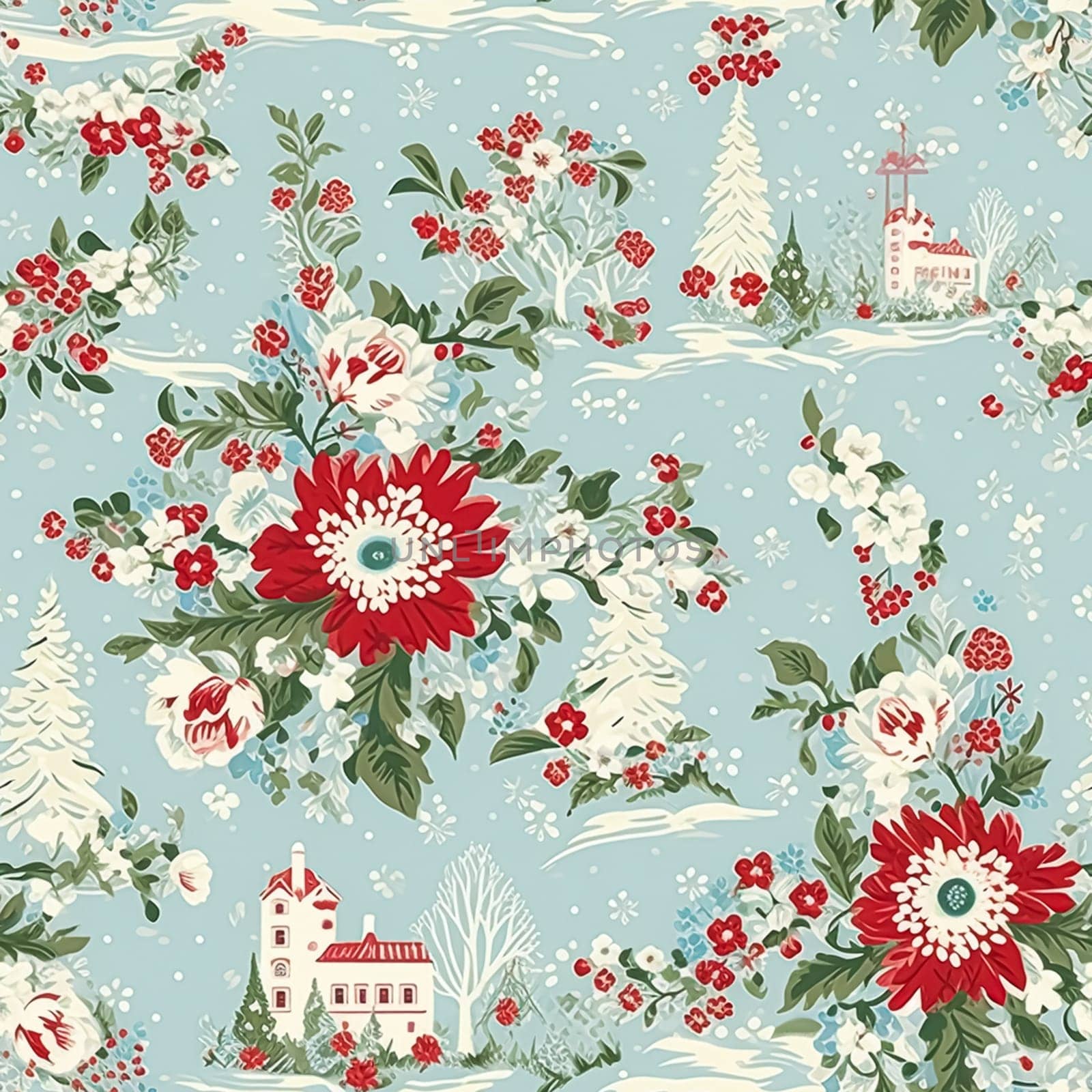 Seamless pattern, tileable Christmas holiday country house, floral dots print, English countryside for wallpaper, wrapping paper, scrapbook, fabric and product design motif