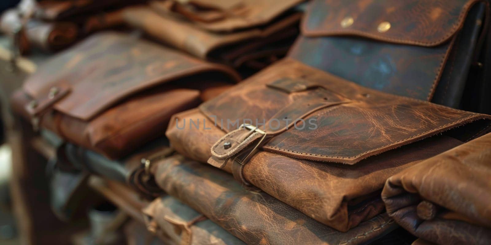 Leatherworking, handcrafted leather goods, such as bags, wallets, or shoes, showcasing the quality of craftsmanship