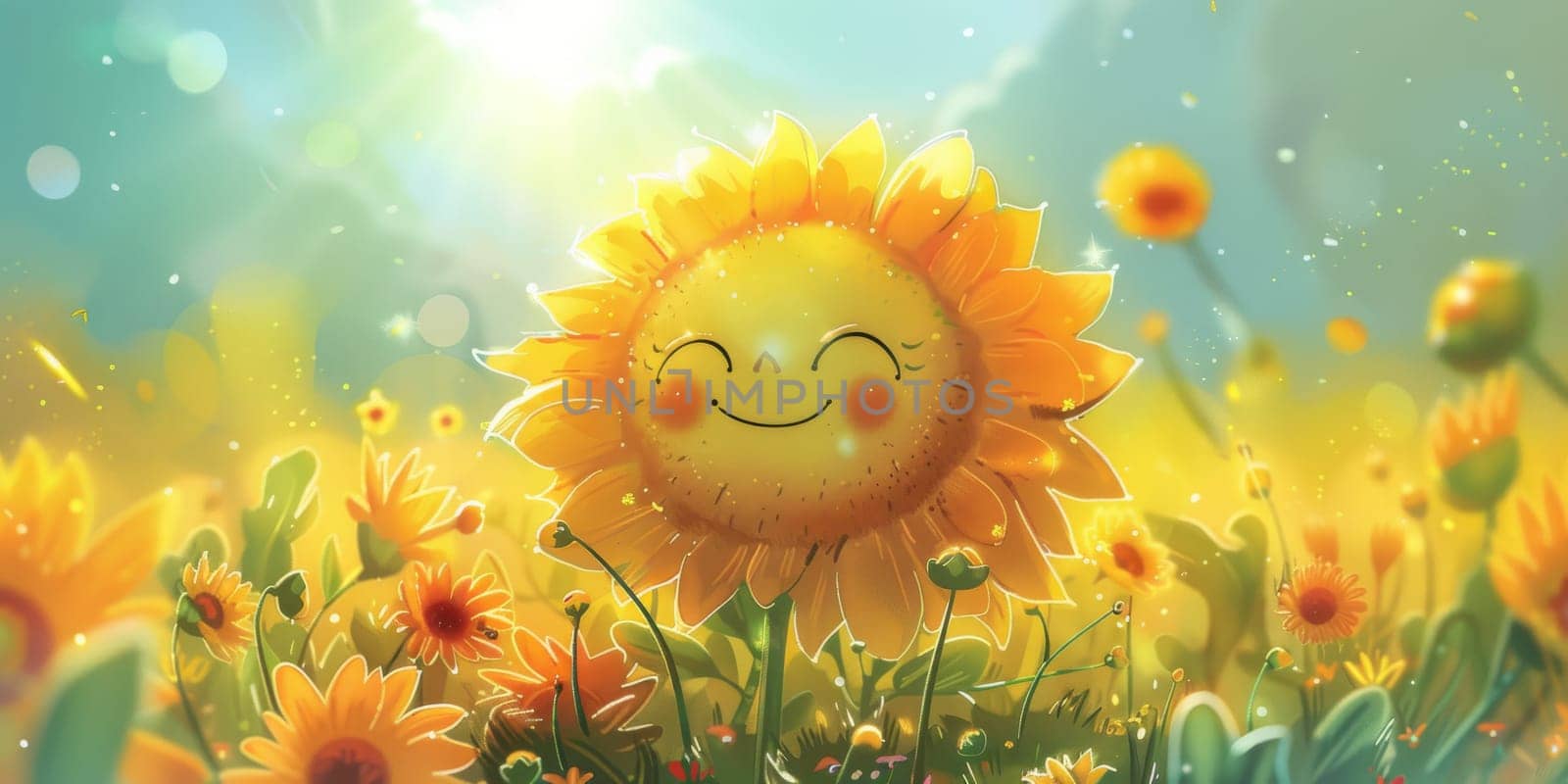 Cartoon smiling sunflower enjoying sunny day by Kadula
