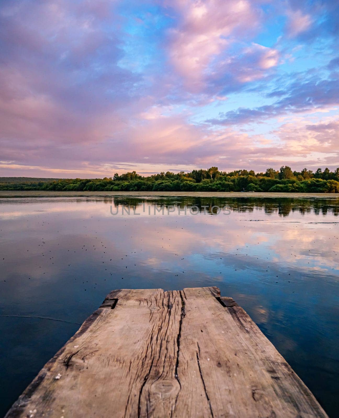 Beautiful pink sunset over calm lake at countryside evening. Tranquil lake with a wooden dock in the foreground. by Busker