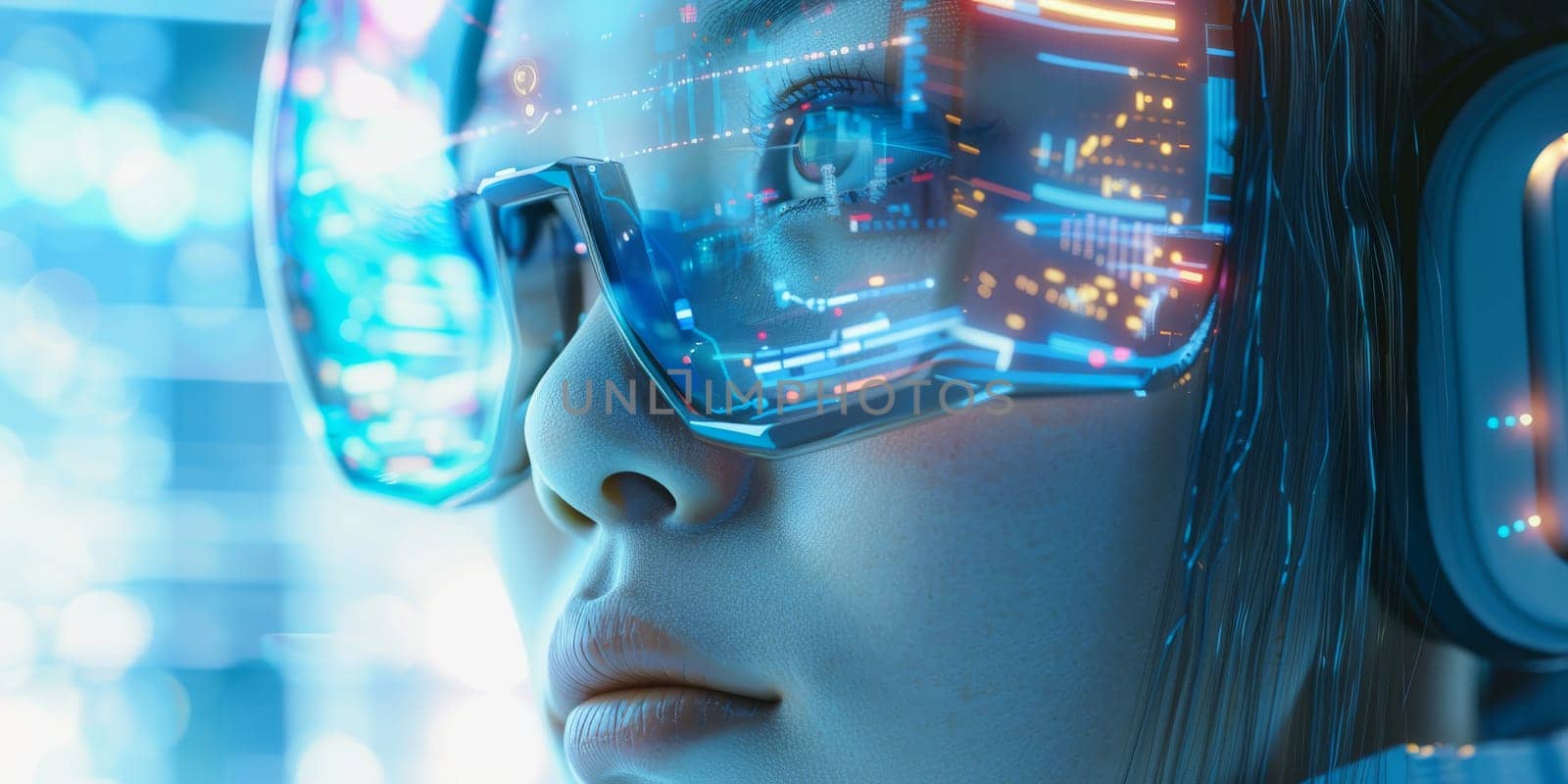 Young woman with VR set isolated in latest technological advancements and digital trends by Kadula