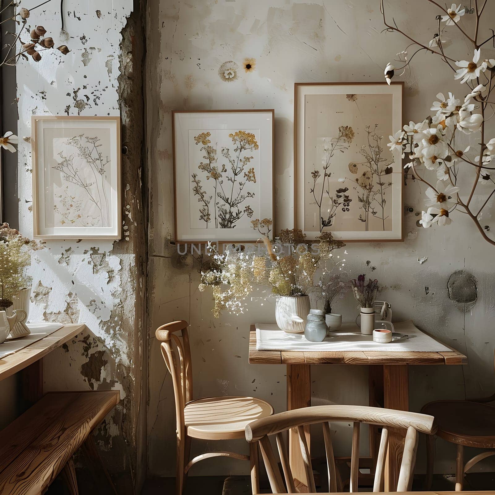 An interior design of a room in a house with a wooden table, chairs, and paintings on the wall in picture frames, creating a cozy atmosphere