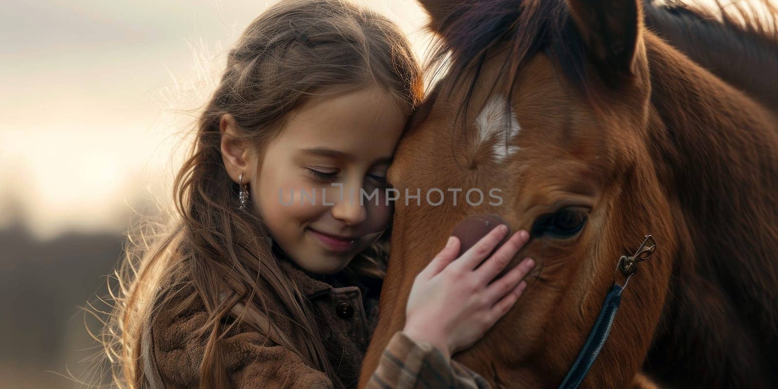 Young girl and horse they hug each other, animal love concept by Kadula