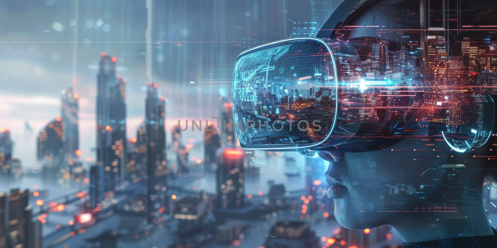 Woman with a VR headset with advanced technology isolated on the modern city on the background
