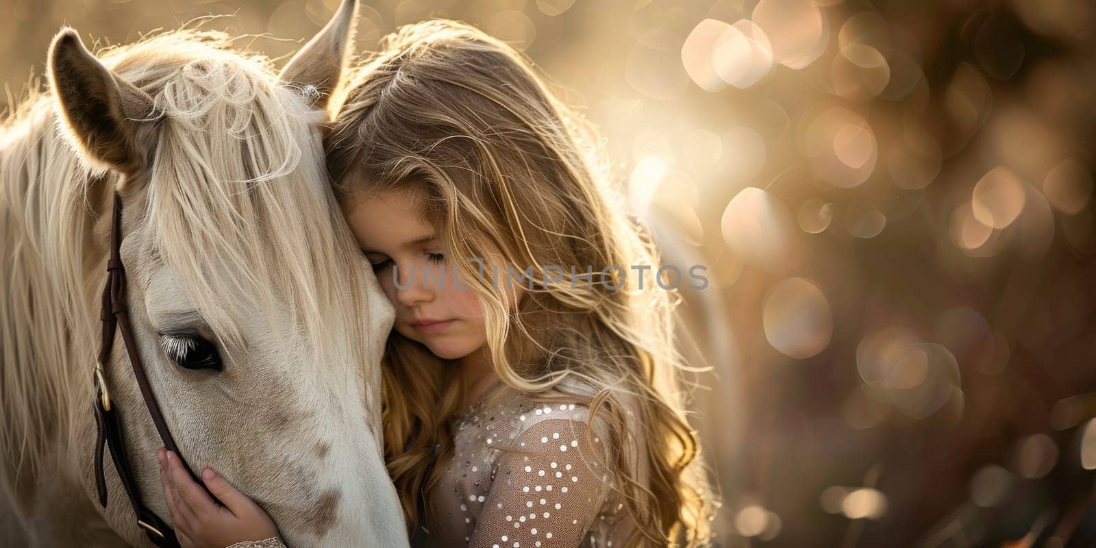 Young girl is petting horse, an animal love concept