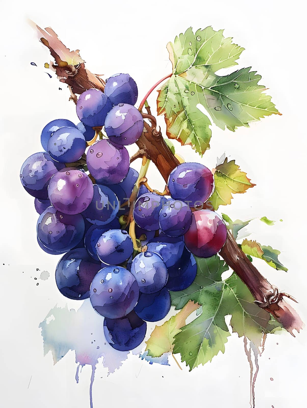 A beautiful watercolor painting of a bunch of grapes hanging from a vine. The image showcases the natural beauty of seedless fruit from the grapevine family