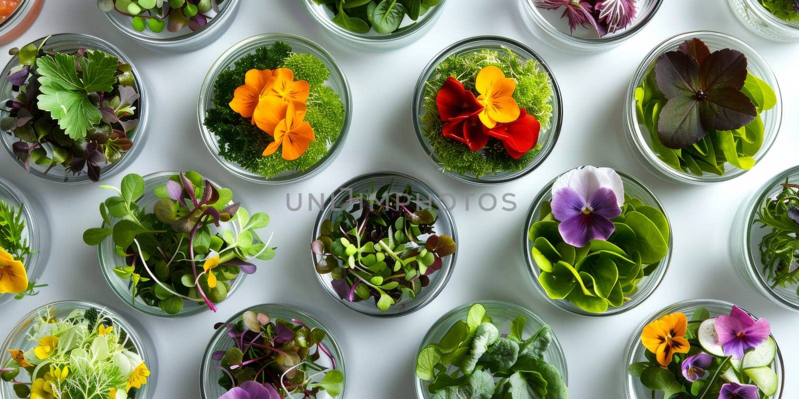 Garnishes and decorations used in a gourmet cuisine, such as microgreens, edible flowers, or delicate herb leaves by Kadula
