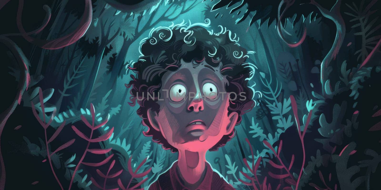 Cartoon lose yourself in the wild nature, scary concept by Kadula