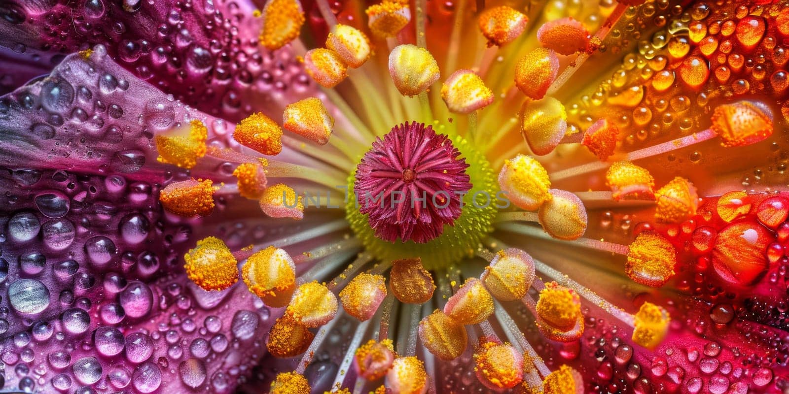Macro detail to the colorful and textured surface of pollen grains collected on the stamen of a flower