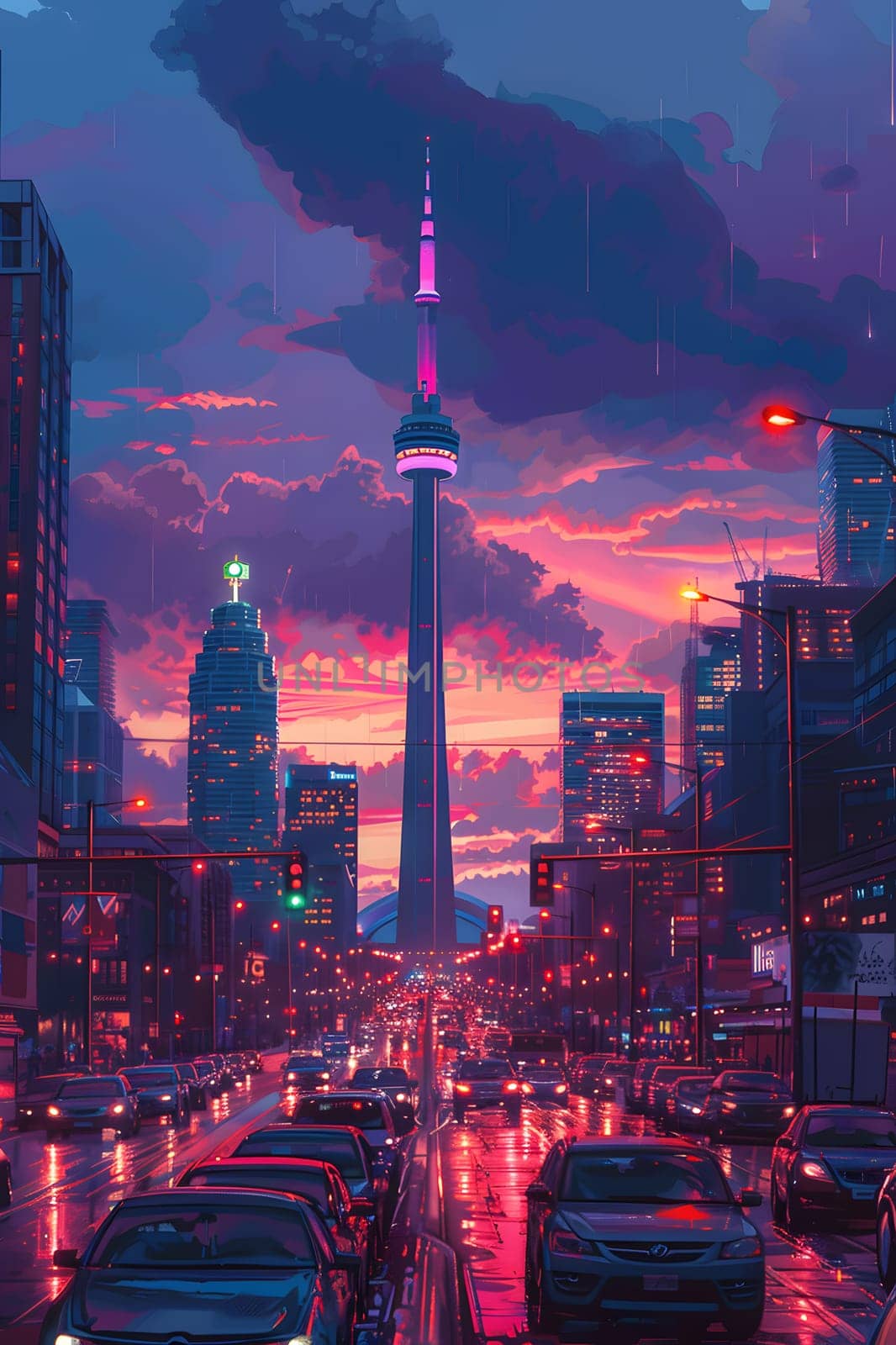 A city street painting at dusk with a skyscraper tower in the background under a red sky afterglow, with clouds and buildings in the sky