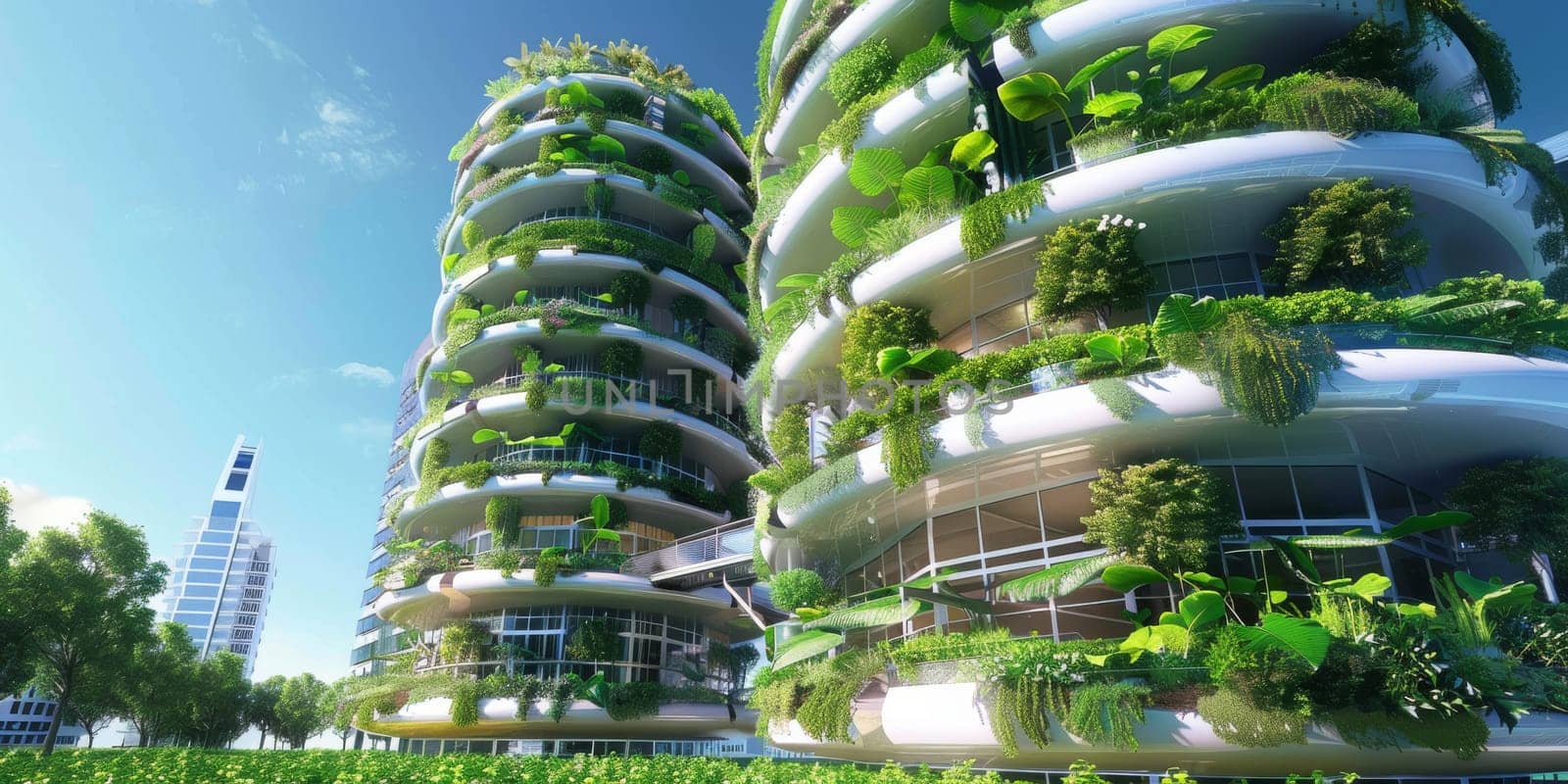 Urban agriculture systems, hydroponic gardens, or a green walls inside buildings, showcasing innovative solutions