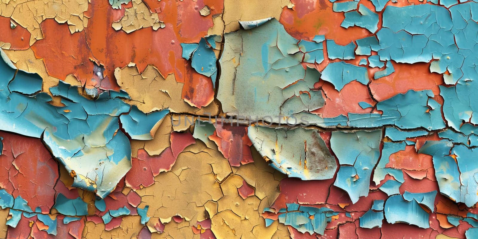 Close up of peeling paint on an old abandoned building, revealing the rich layers of color and texture by Kadula
