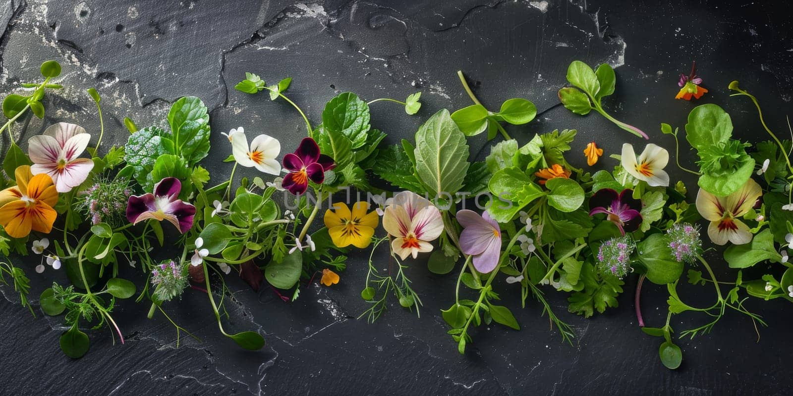 Garnishes and decorations used in a gourmet cuisine, such as microgreens, edible flowers, or delicate herb leaves