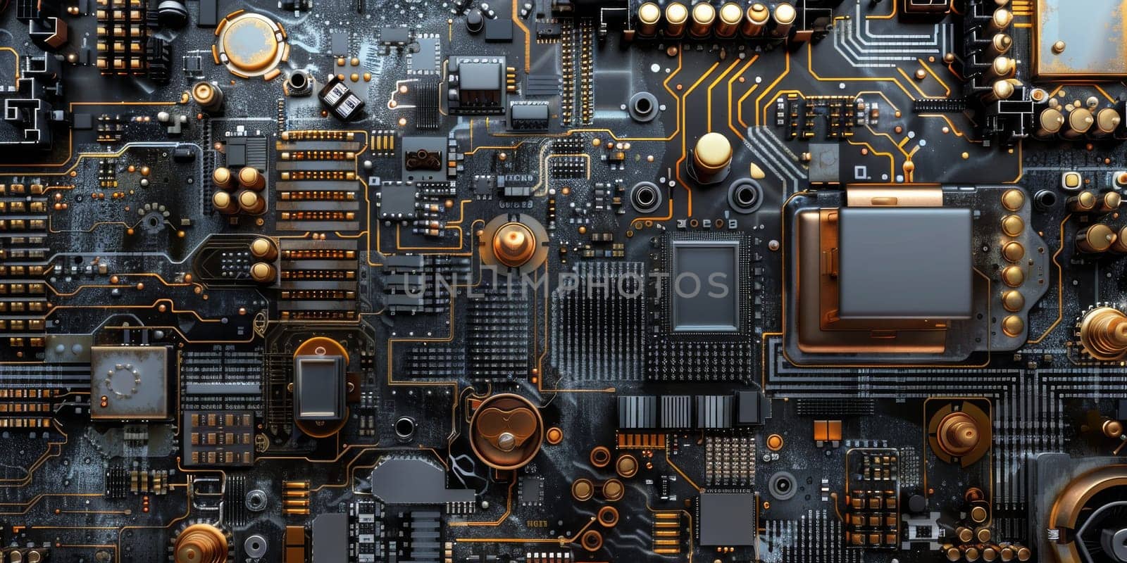 Circuitry of electronic components, highlighting the metallic surfaces and micro-scale details of computer chips by Kadula