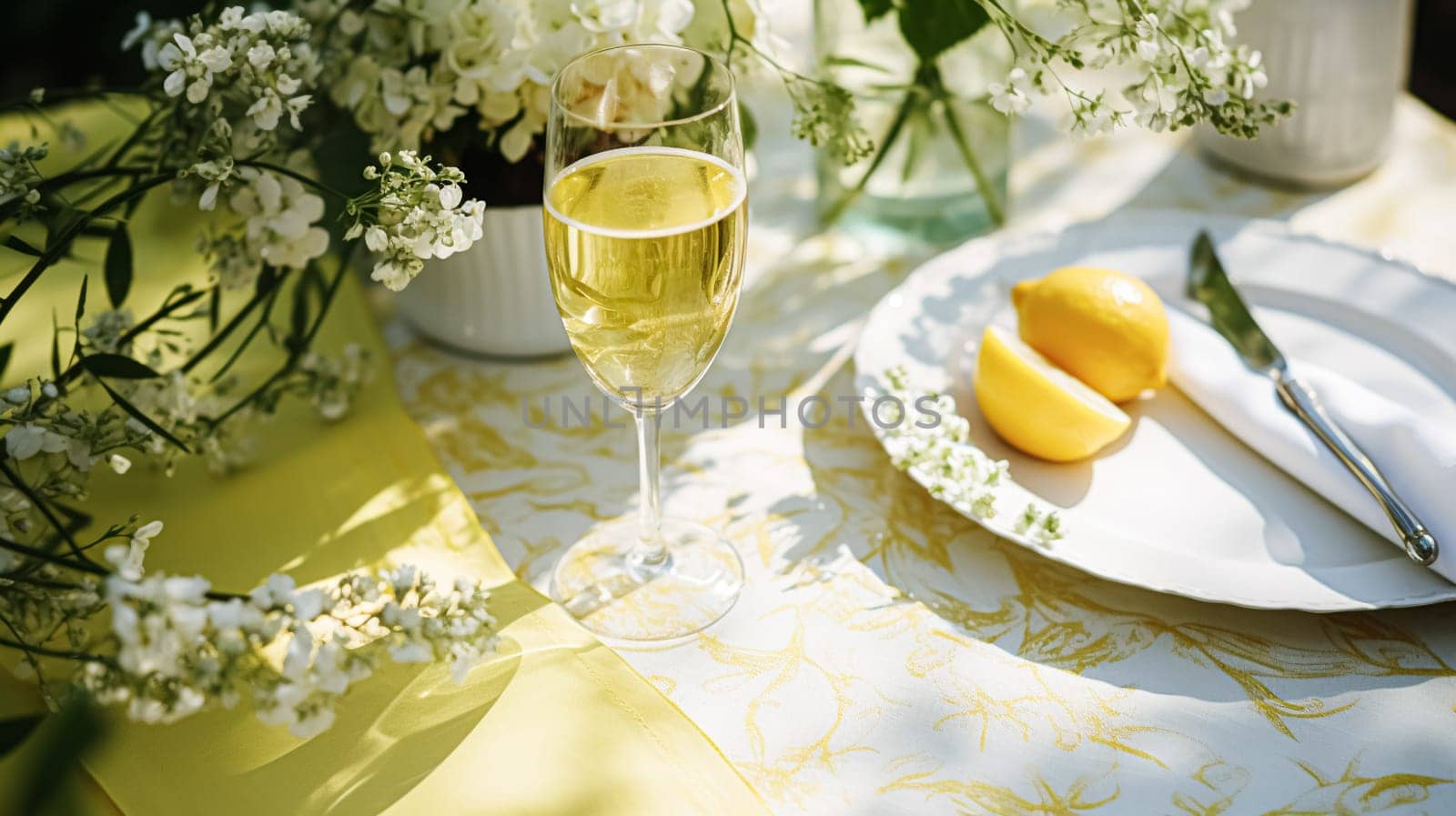 Wedding or formal dinner holiday celebration tablescape with lemons and flowers in the English countryside garden lemon tree, home styling by Anneleven