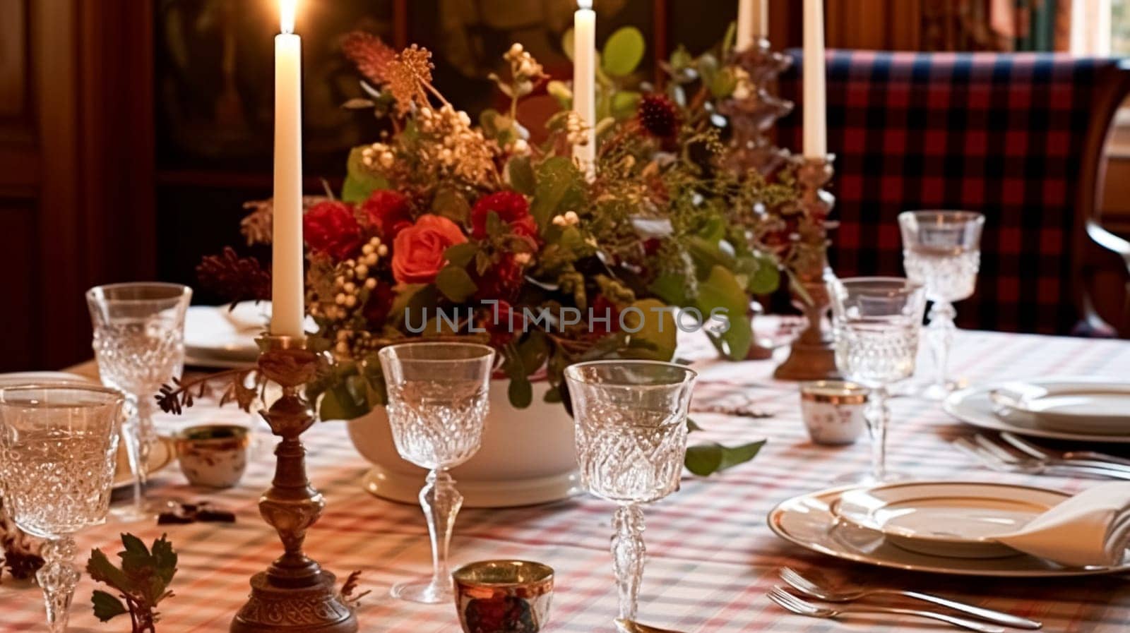 Festive table decor, holiday tablescape and dinner table setting, formal event decoration for wedding, family celebration, English country and home styling inspiration