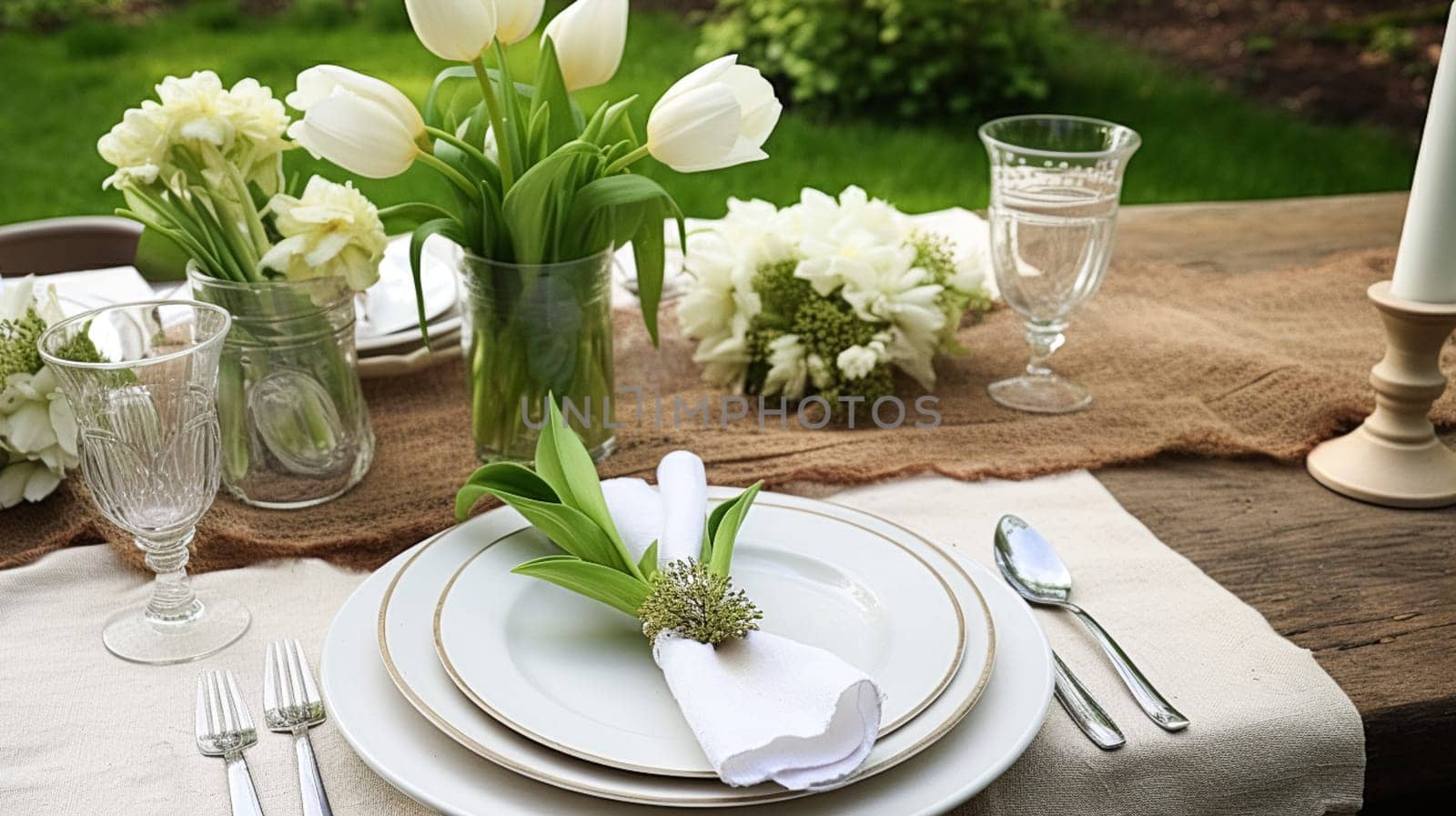 Table decor, holiday tablescape and dinner table setting in countryside garden, formal event decoration for wedding, family celebration, English country and home styling inspiration