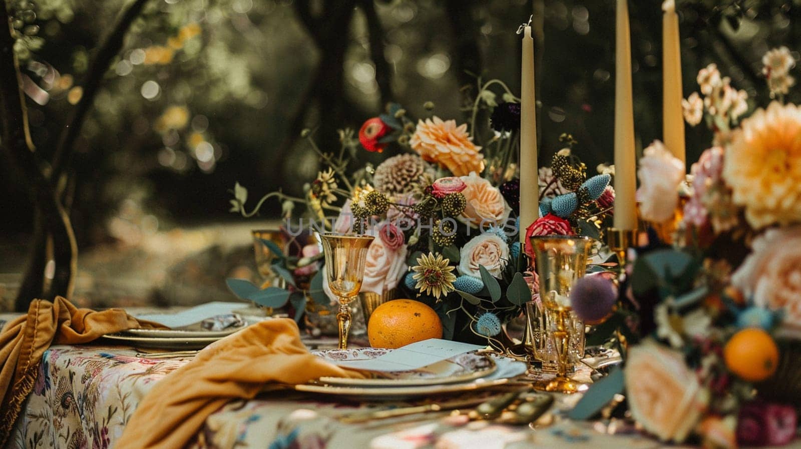 Table decor with fruits in citrus garden, holiday tablescape and dinner table setting, formal event decoration for wedding, family celebration, English country and home styling by Anneleven