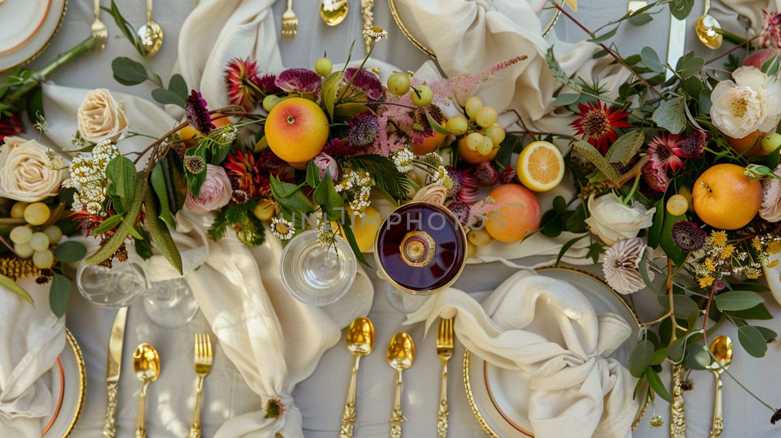 Table decor with fruits in citrus garden, holiday tablescape and dinner table setting, formal event decoration for wedding, family celebration, English country and home styling