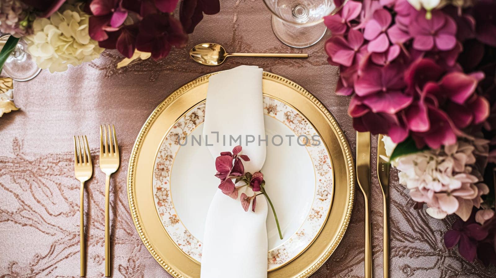 Wedding or formal dinner holiday celebration tablescape with hydrangea flowers in the English countryside garden, table setting and wine, floral table decor for family dinner party, home styling inspiration