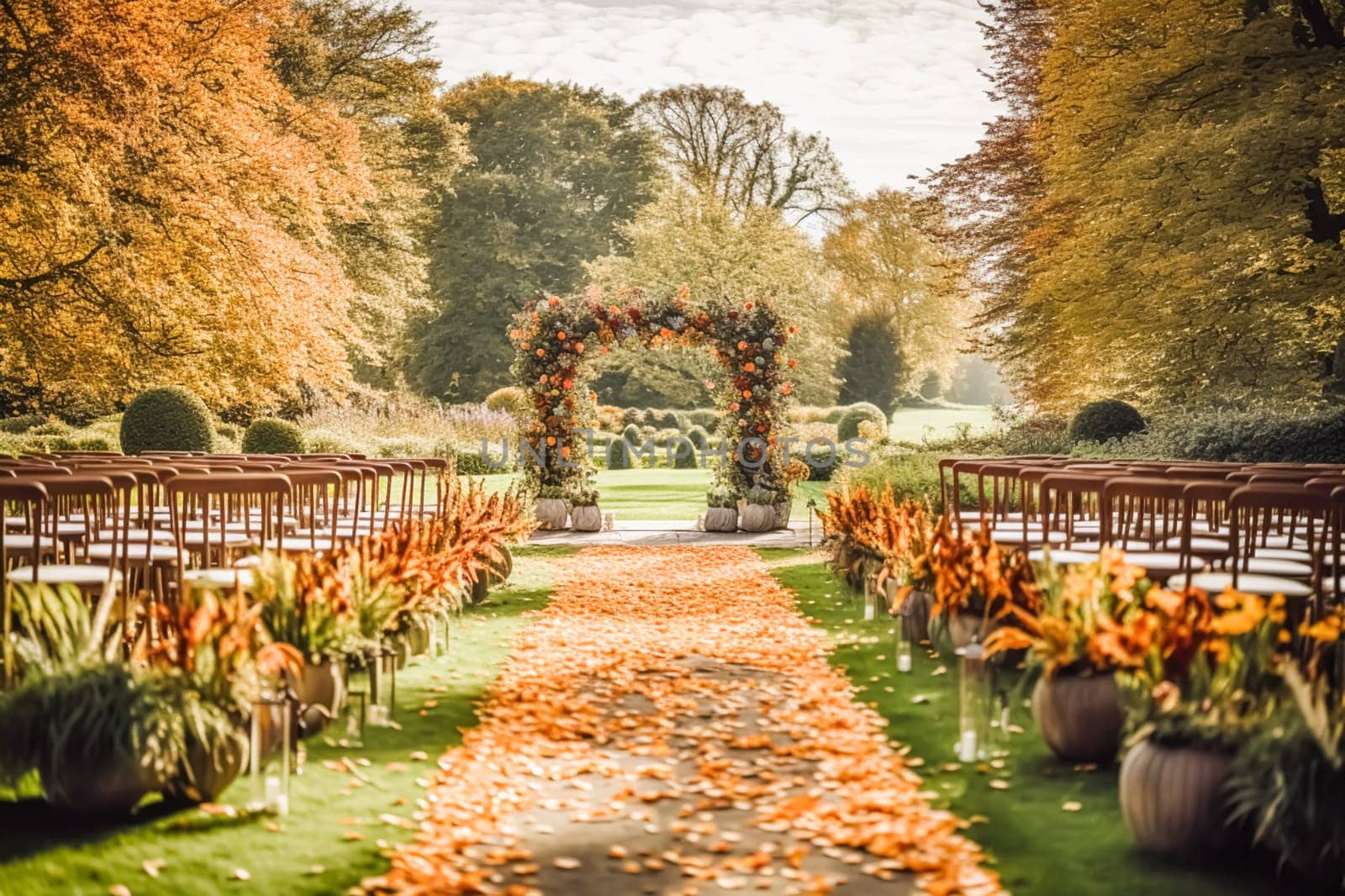 Wedding aisle, floral decor and marriage ceremony, autumnal flowers and decoration in the English countryside garden, autumn country style by Anneleven