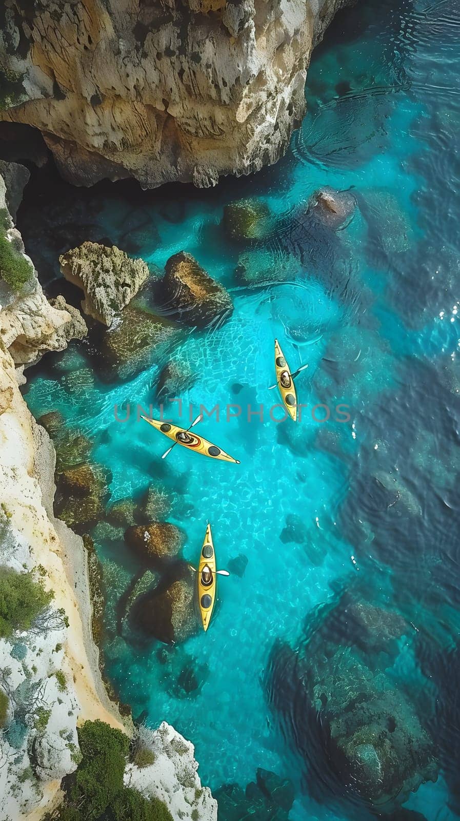 Three kayaks can be seen from an aerial view in the electric blue waters near a cliff, creating a picturesque natural landscape perfect for leisure