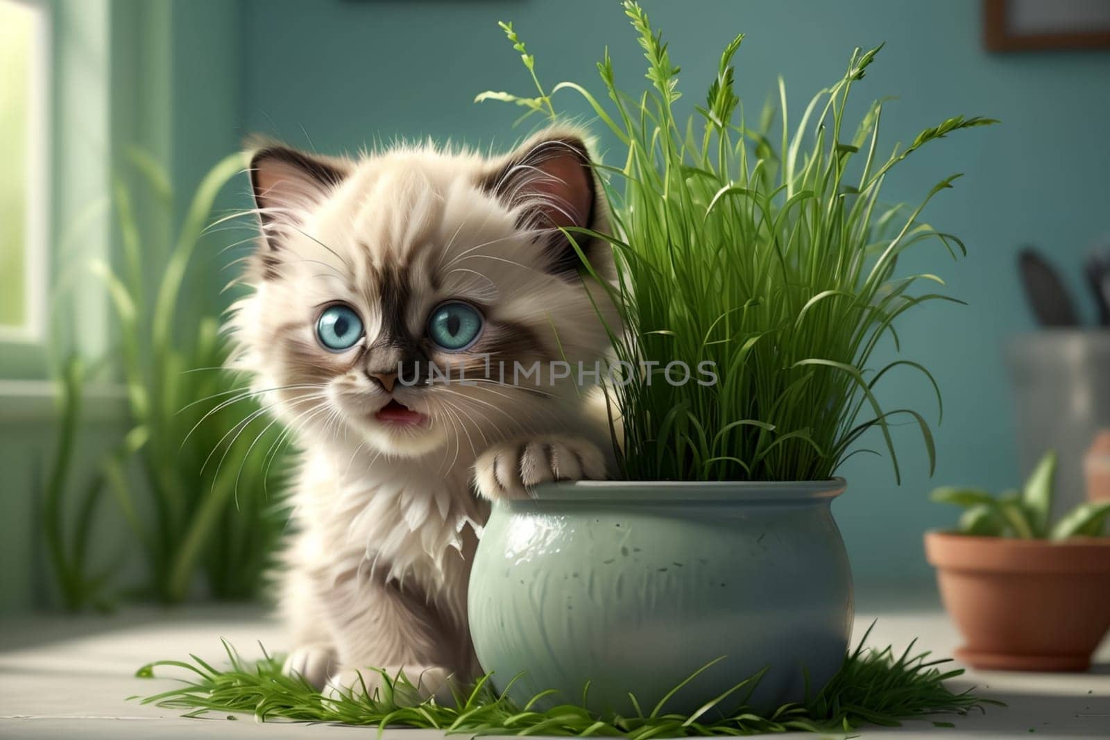 cute Ragdoll kitten eating green juicy grass from a pot, isolated on a white background .