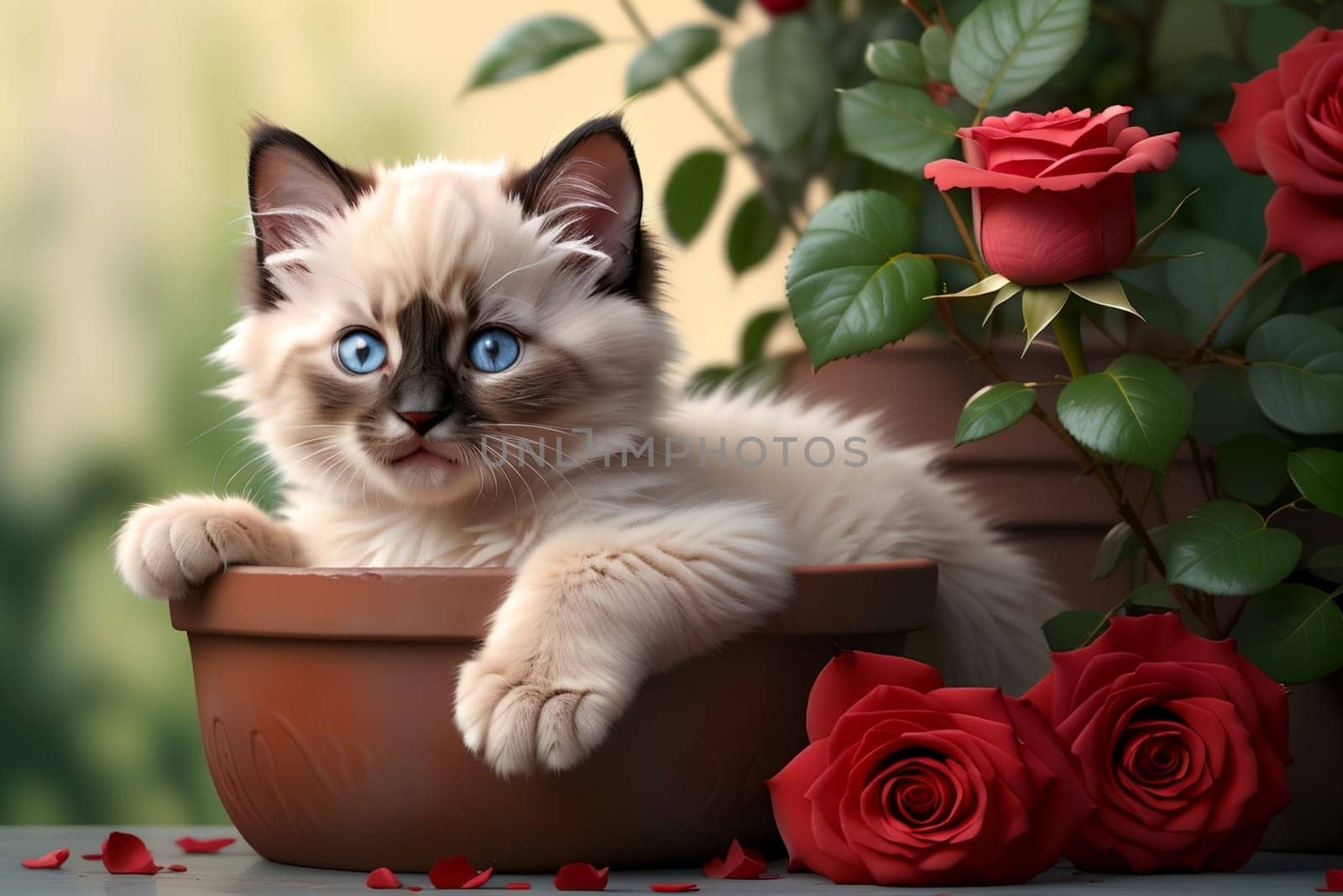 beautiful Ragdoll kitten sitting in a pot of roses .
