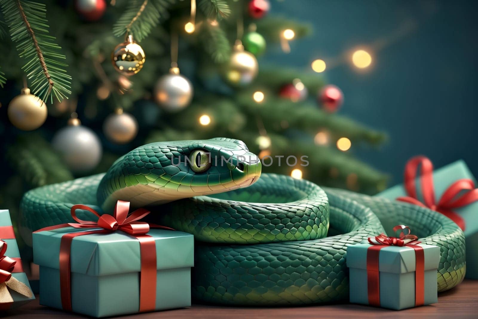 New Year snake with gifts under the Christmas tree, New Year card .