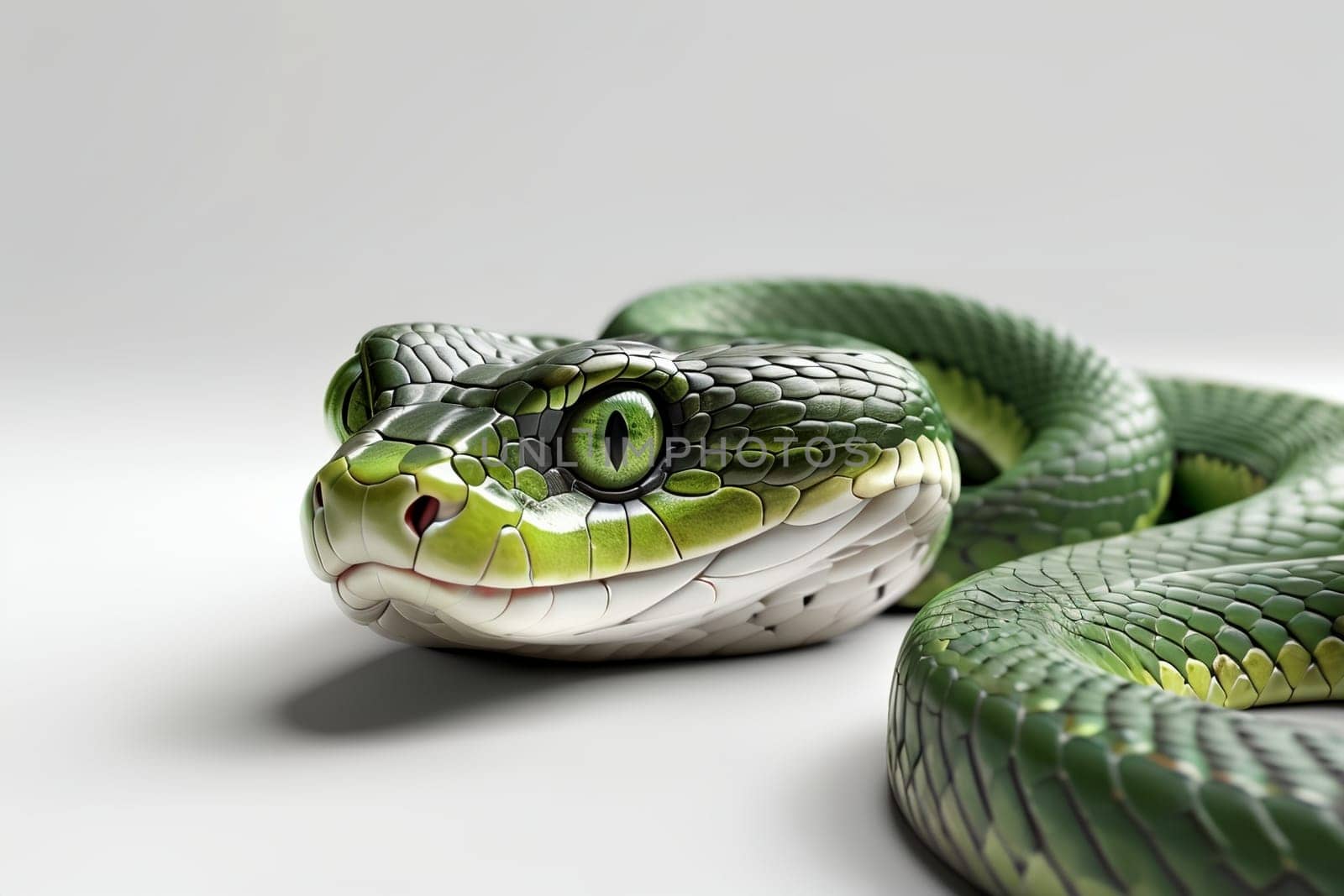 green forest snake close-up, isolated on white background .