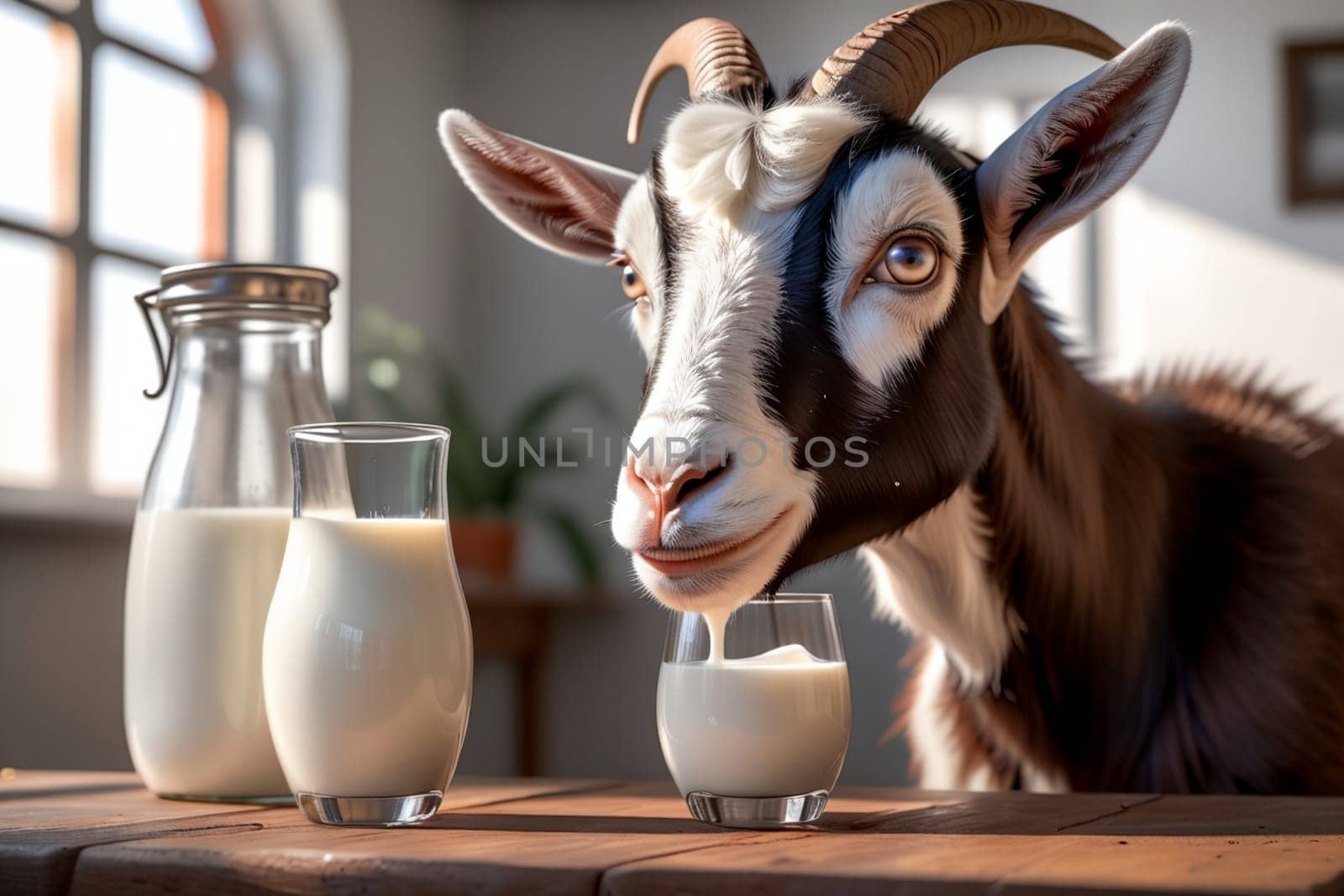 cute goat looking at fresh milk in a glass .