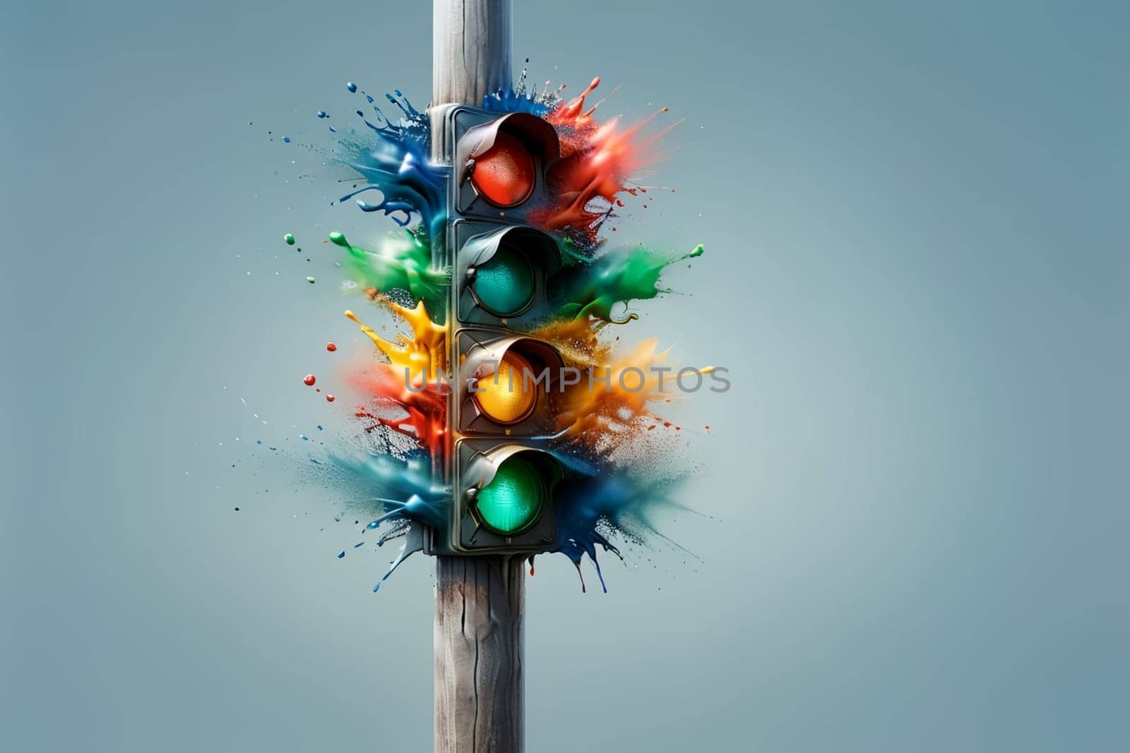 bright multi-colored traffic light on a pole .