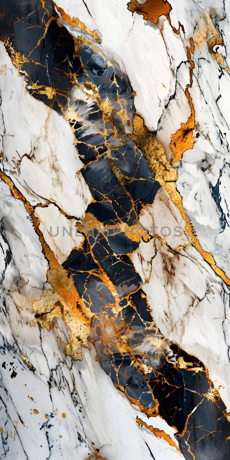 A detailed closeup capturing the intricate pattern of a black and gold marble texture, resembling a fusion of art and nature with hints of plant and rock elements