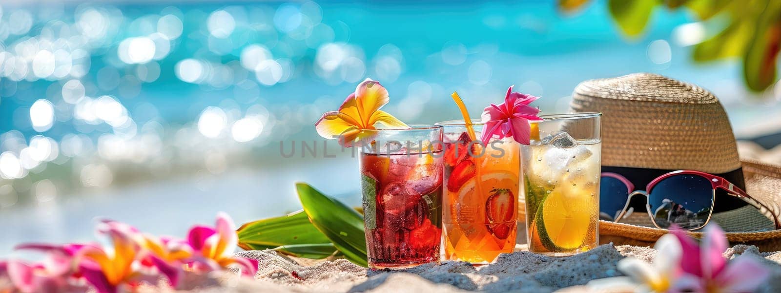 Beautiful exotic cocktails on the beach. Selective focus. drinks.