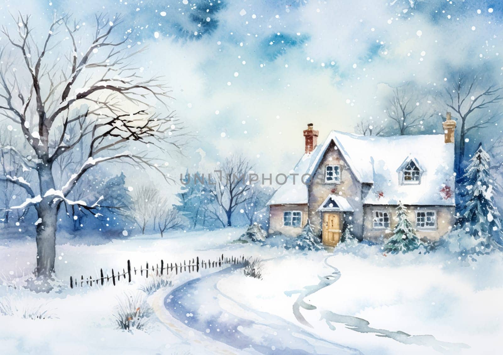 Merry Christmas and Happy Holidays, watercolour printable art print, English countryside cottage as snow winter holiday Christmas card, thank you and diy greeting card design, country style by Anneleven