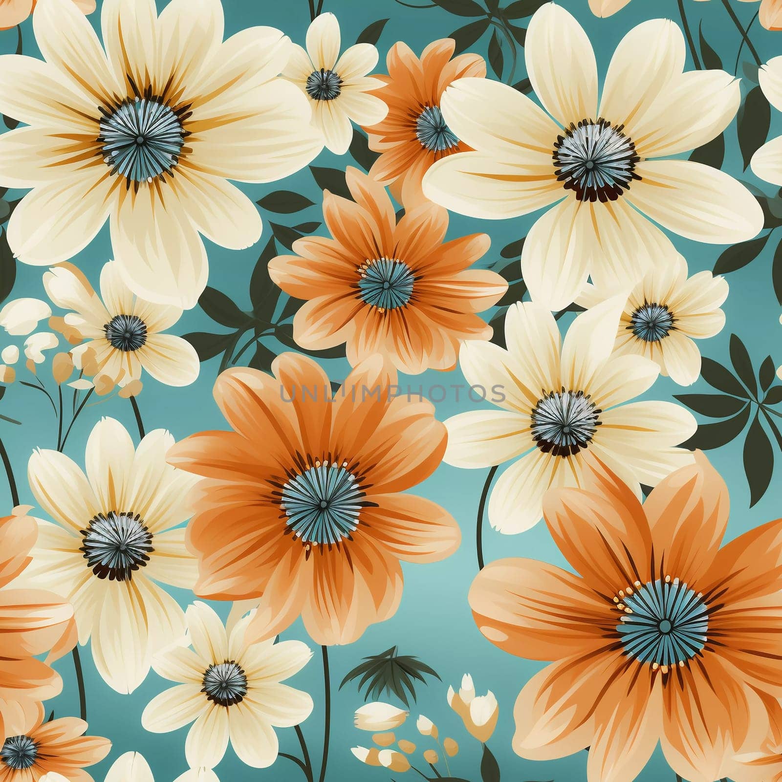 Seamless pattern tile background flowers and floral leaves plants. High quality photo