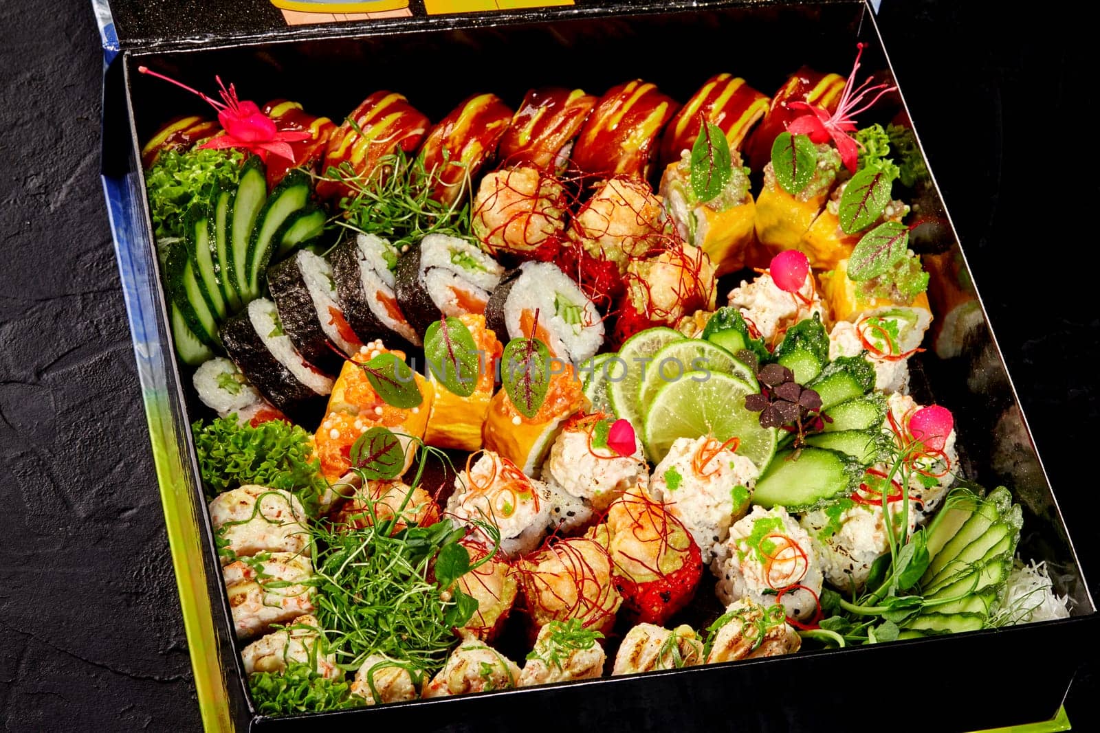 Luxurious set of sushi rolls with various fillings and toppings, artfully arranged in cardboard box garnished with flowers, grated daikon, cucumber and lime on dark background. Takeaway food concept