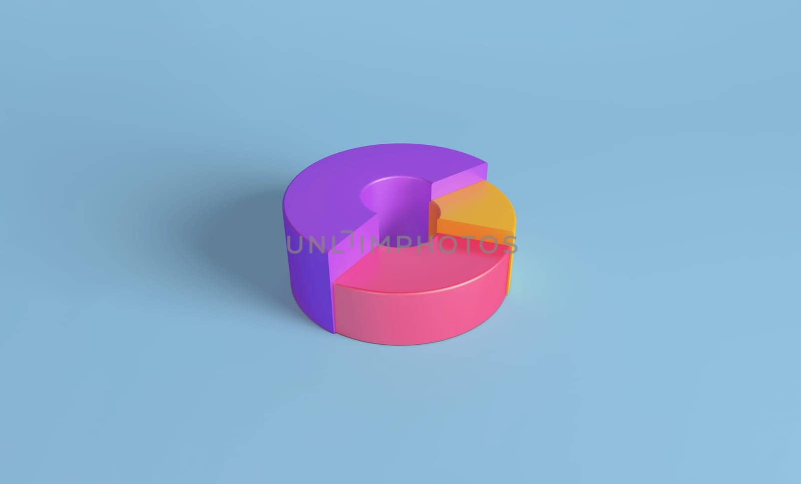 3D rendering of a multicolored pie chart with sections in pink, purple, and yellow on blue background.