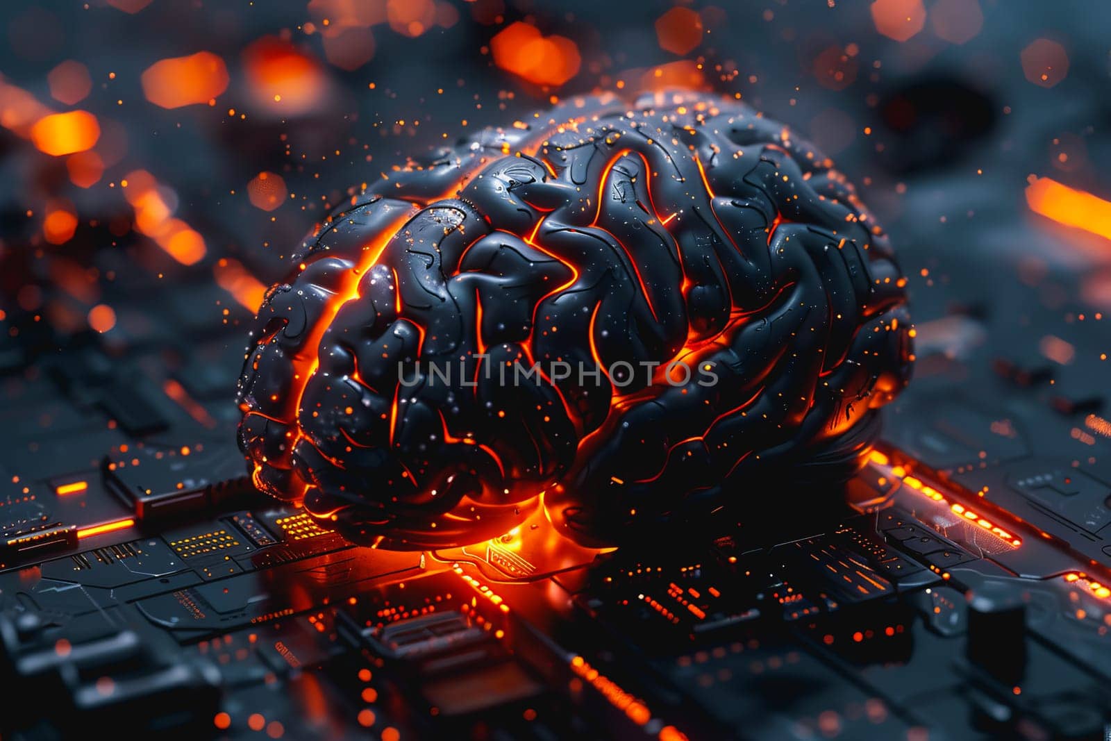 An illustration of a person's brain with AI related concepts integrated into the neural network by Manastrong