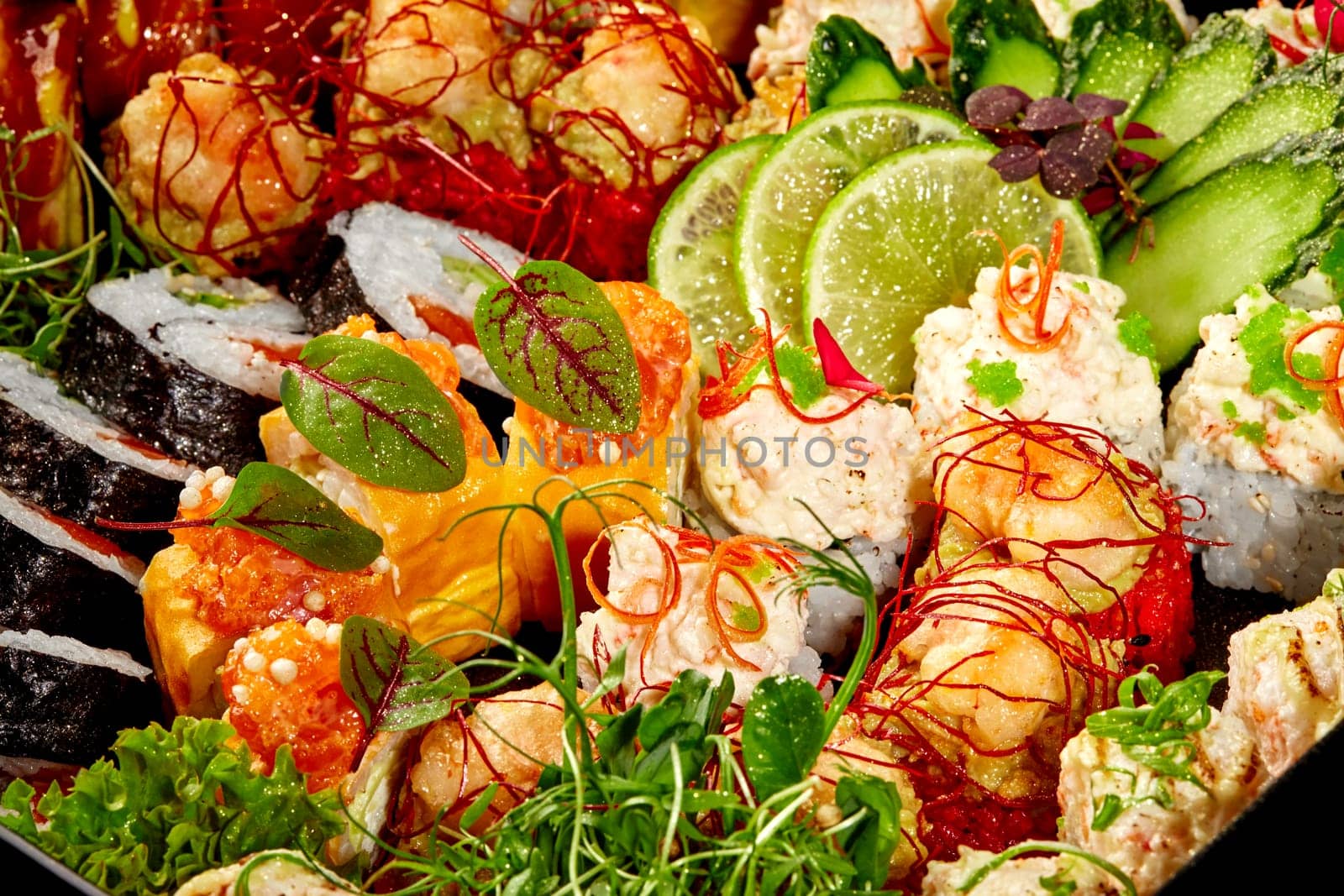 Vibrant sushi rolls platter with various toppings and fillings by nazarovsergey