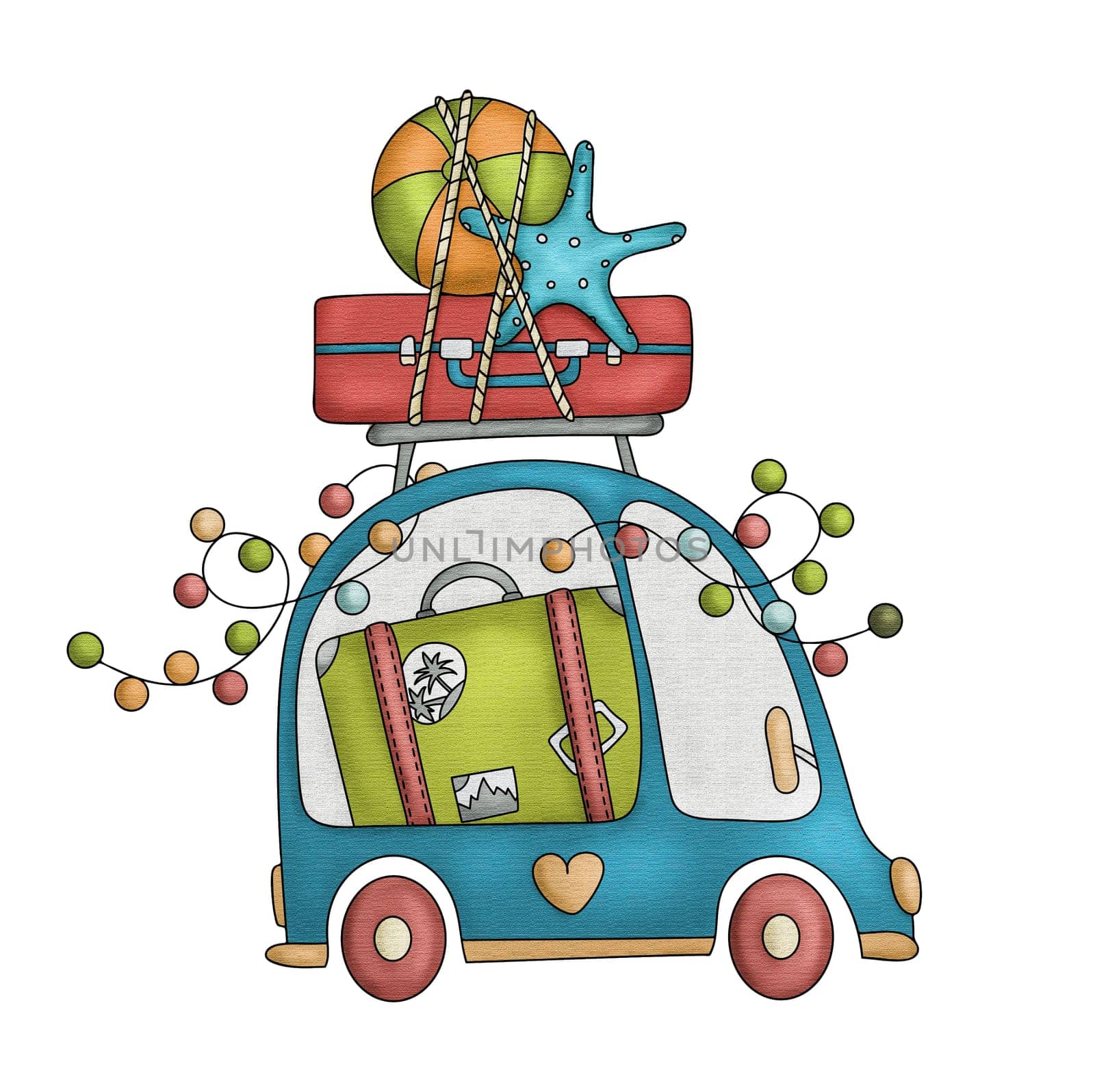 Car With Suitcase And Ball On Roof Signifies Vacation Concept