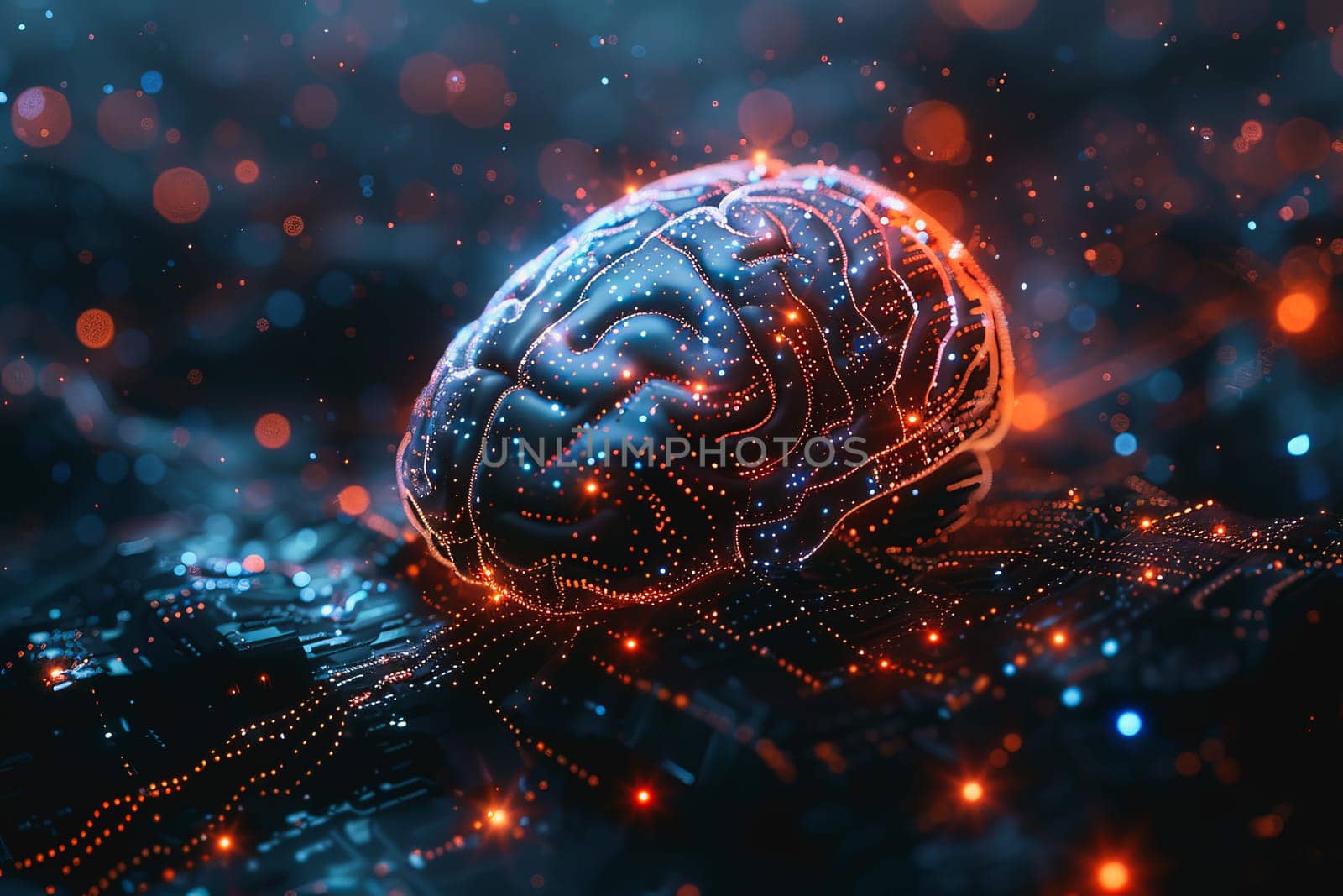 An illustration of a person's brain with AI related concepts integrated into the neural network.
