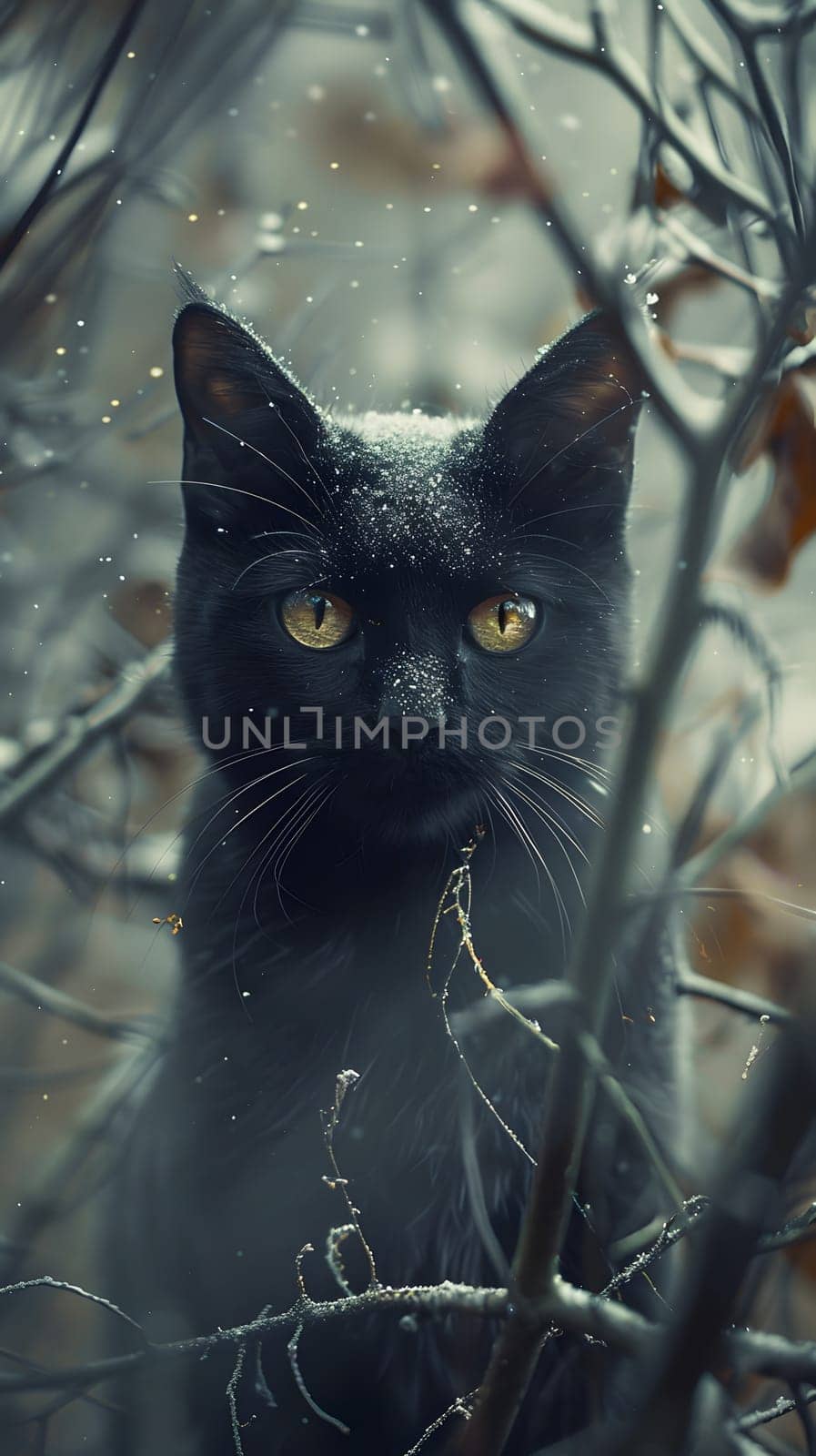 A black domestic shorthaired cat with yellow eyes perched in a tree by Nadtochiy