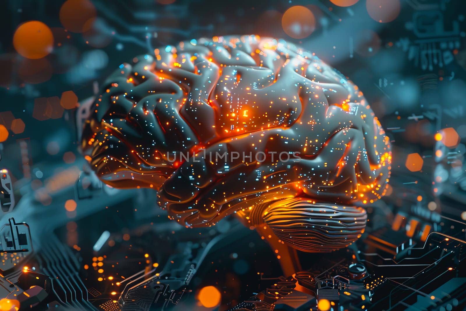 An illustration of a person's brain with AI related concepts integrated into the neural network by Manastrong