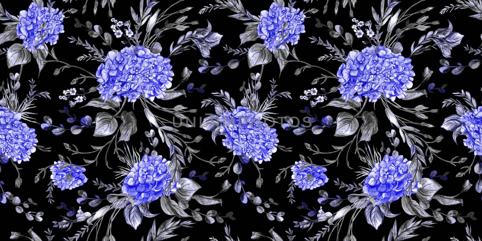 Seamless watercolor pattern drawn in pencil with flower hydrangeas on black background